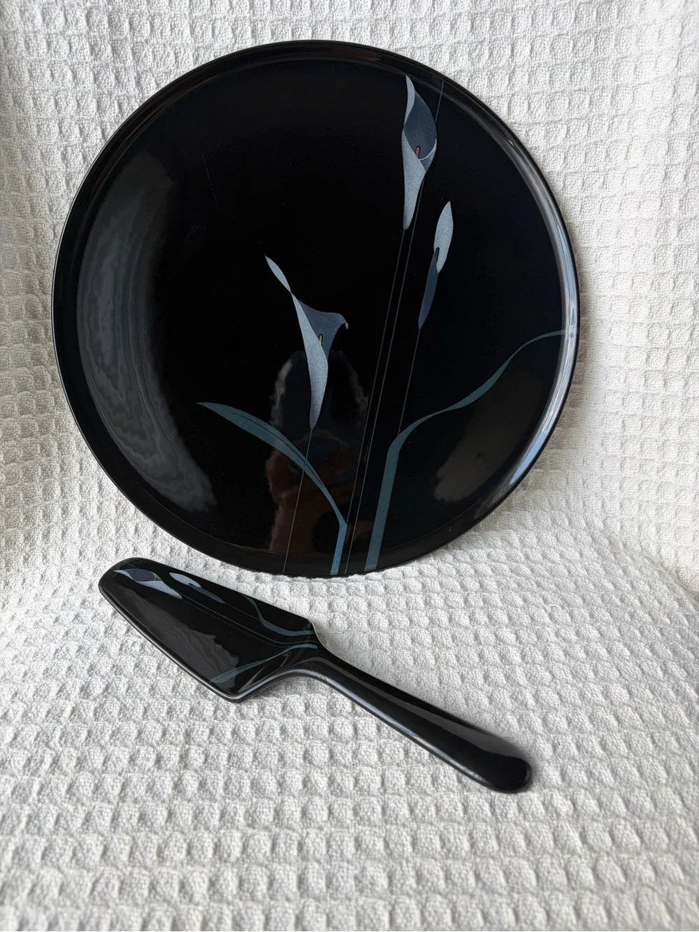 Vintage Mikasa 1975-2002 Opus Black Floral Ceramic Cake Plate & Server